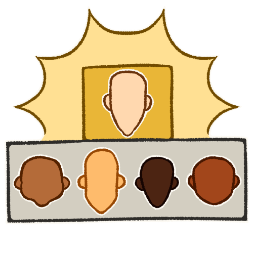 A drawing of a small gold box above a long silver rectangle. The box contains a pale head and the rectangle contains four heads in various shades of brown. Around the box is a pale yellow emphasis effect. Everything is outlined in white